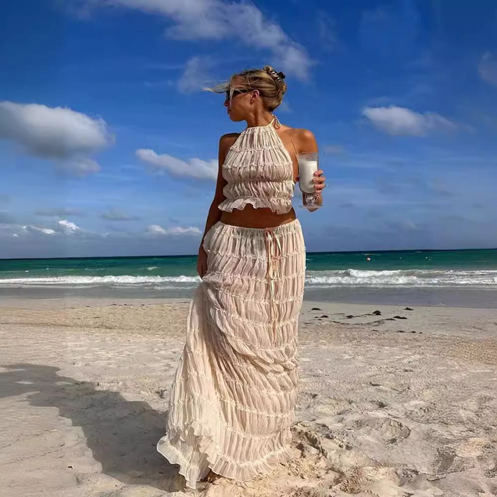 Backless Hanging Neck Strap Pleated Lace Vest Long Skirt Set