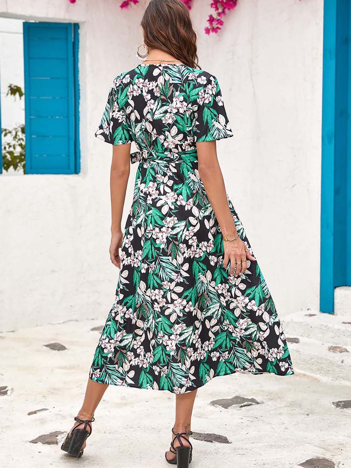 Summer Floral Print Slit Midi Dress