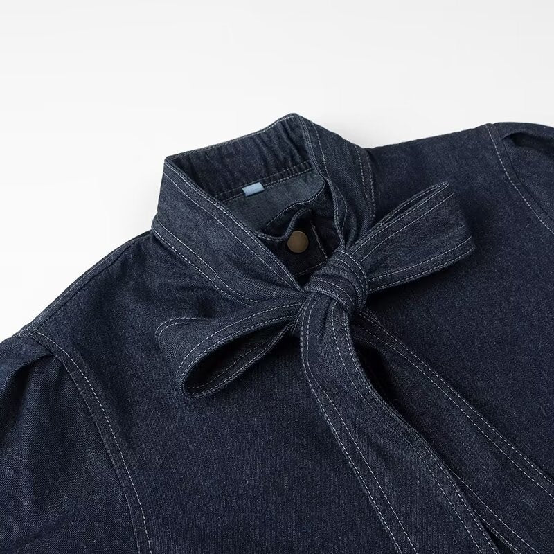 Dark Blue Casual Lace-up Bow Denim Shirt