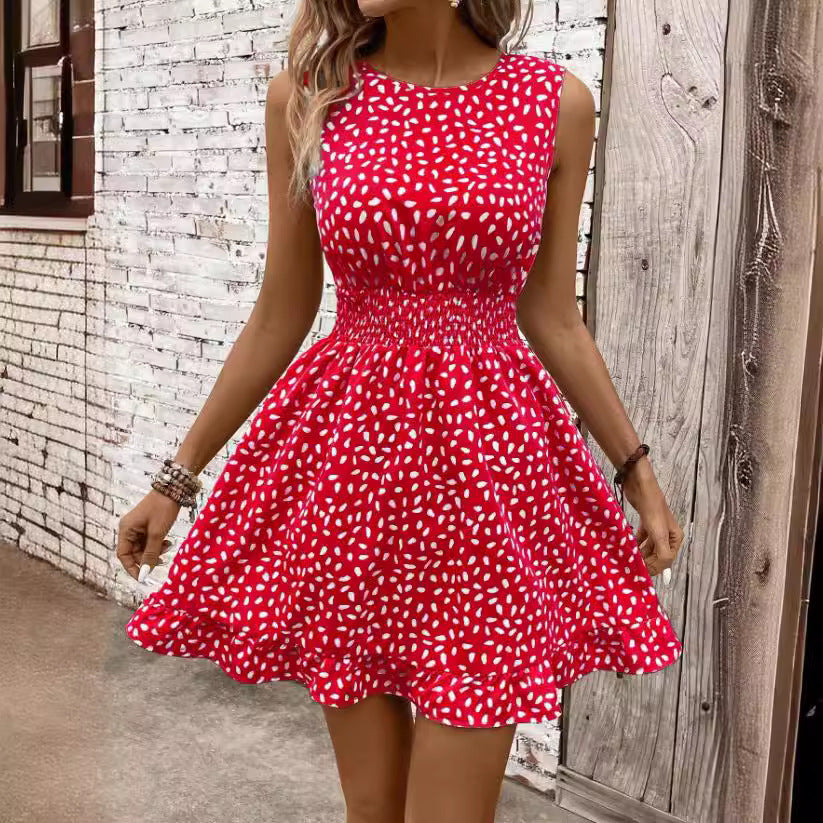 Round Neck Sleeveless Waist Trimming Printed Dress