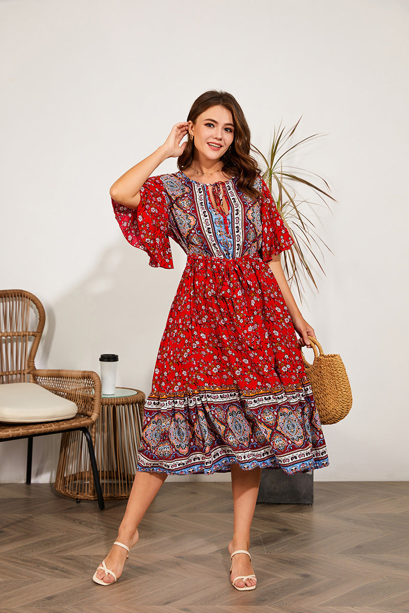 V Neck Print Beach Dress