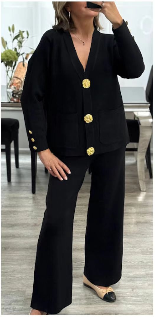 Metal Buckle Knitted Cardigan Sweater Wide Leg Pants Suit