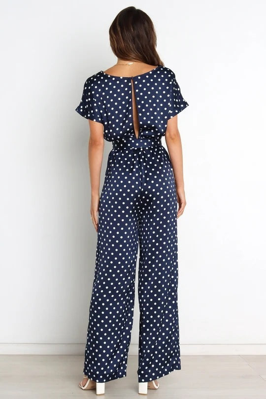 Round Neck Short Sleeve Polka Dot Lace Up Waist-tight Jumpsuit