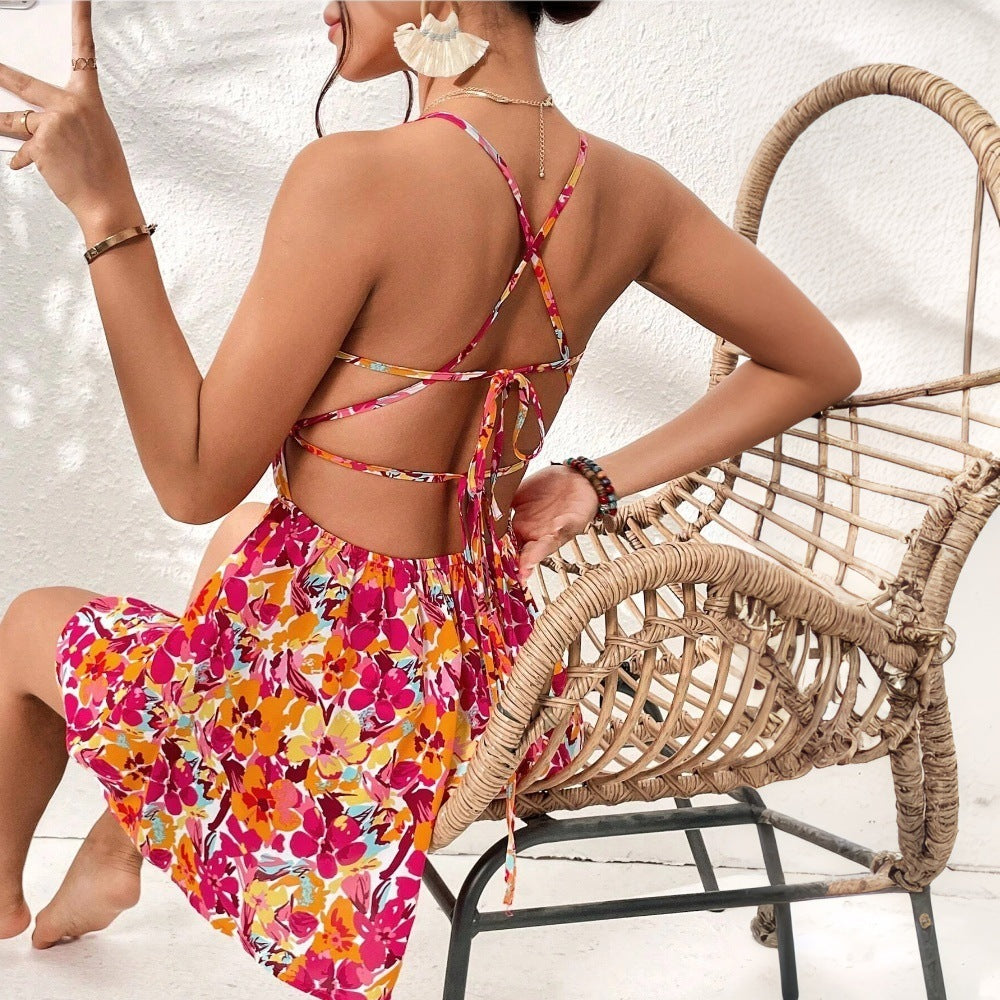 Back Lace-up Floral Print Dress