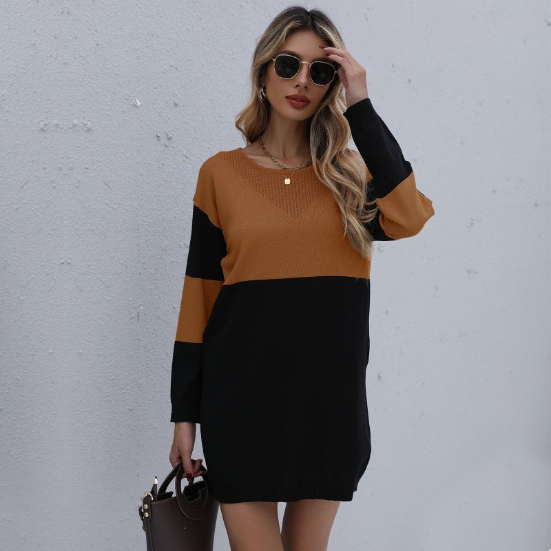 Temperament Round Neck Colorblock Sweater Dress
