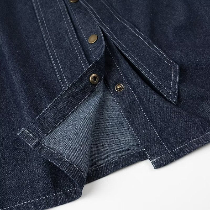 Dark Blue Casual Lace-up Bow Denim Shirt