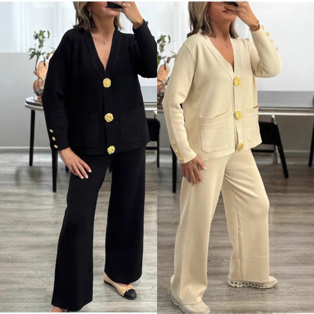 Metal Buckle Knitted Cardigan Sweater Wide Leg Pants Suit