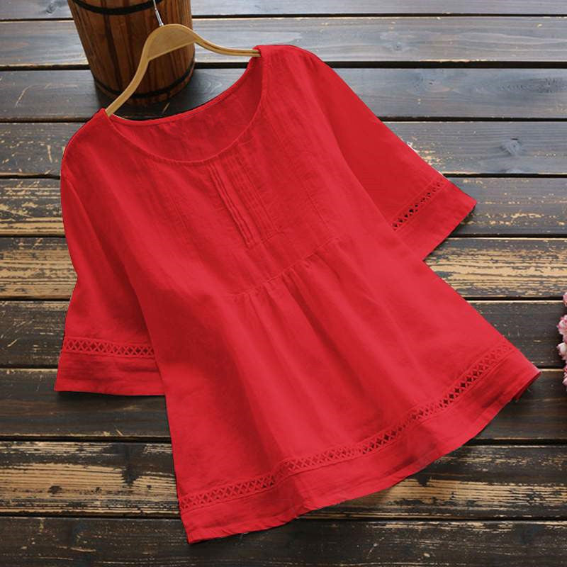 Summer Solid Color Cotton And Linen Top Half Sleeve