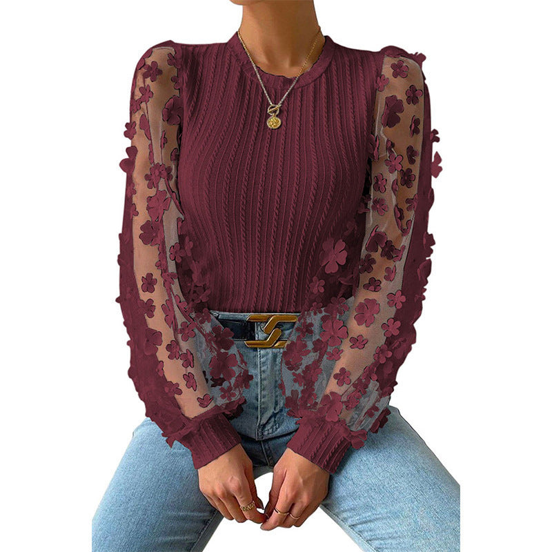 Women's Mesh Small Flower Round Neck Long Sleeve Top