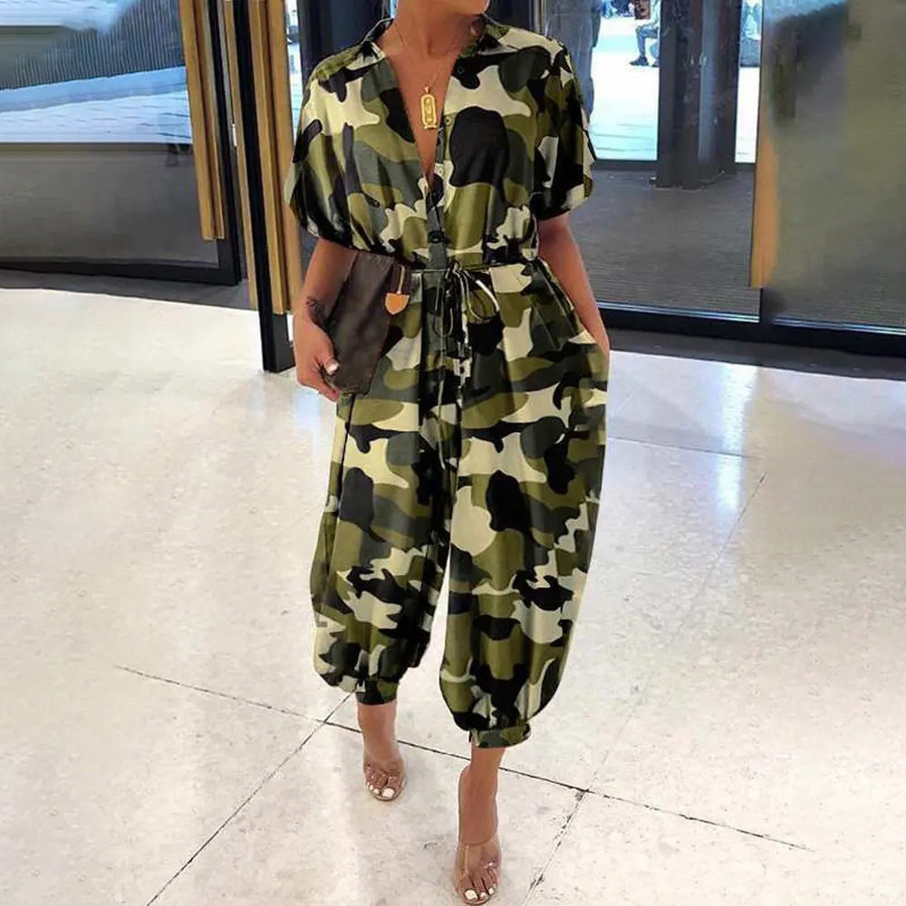 Women's Camo Short Sleeve Casual Loose Jumpsuit