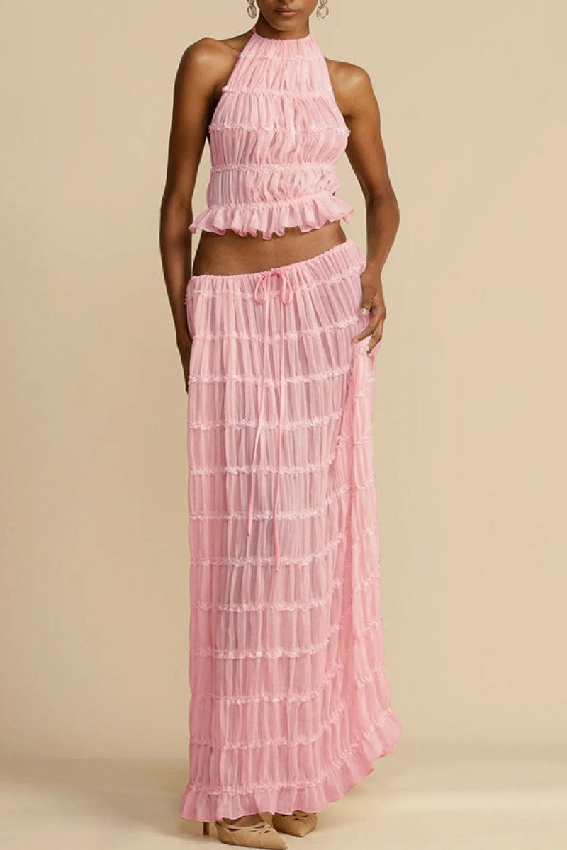 Backless Hanging Neck Strap Pleated Lace Vest Long Skirt Set
