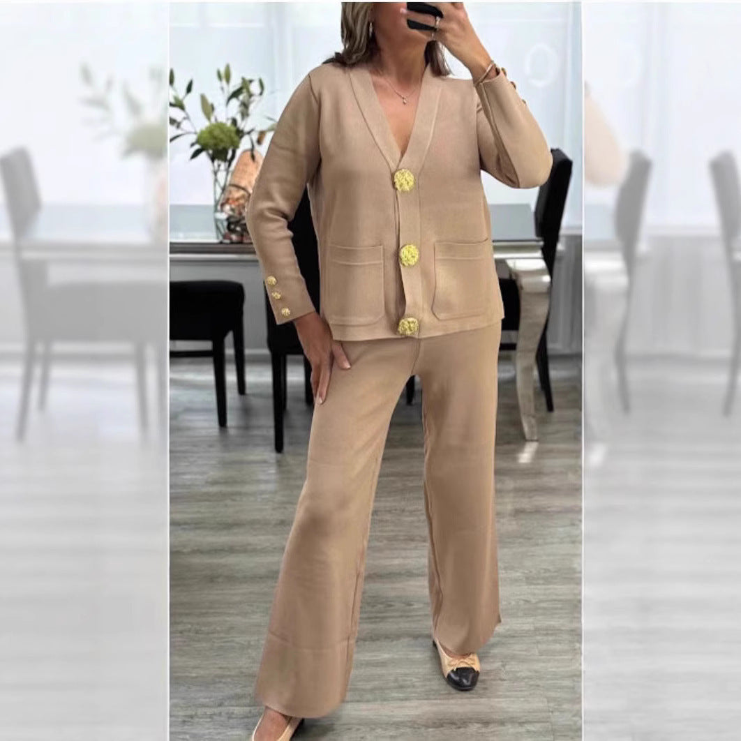 Metal Buckle Knitted Cardigan Sweater Wide Leg Pants Suit
