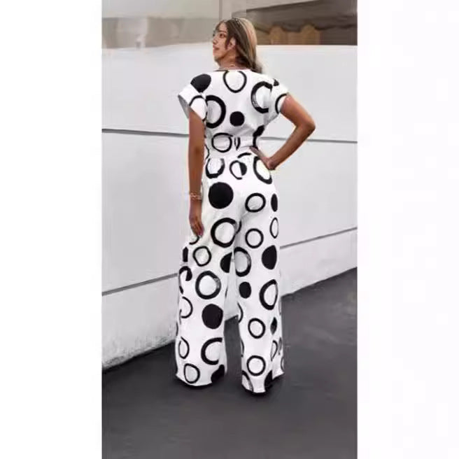 V-neck High Waist Print Wide Leg Belt Jumpsuit