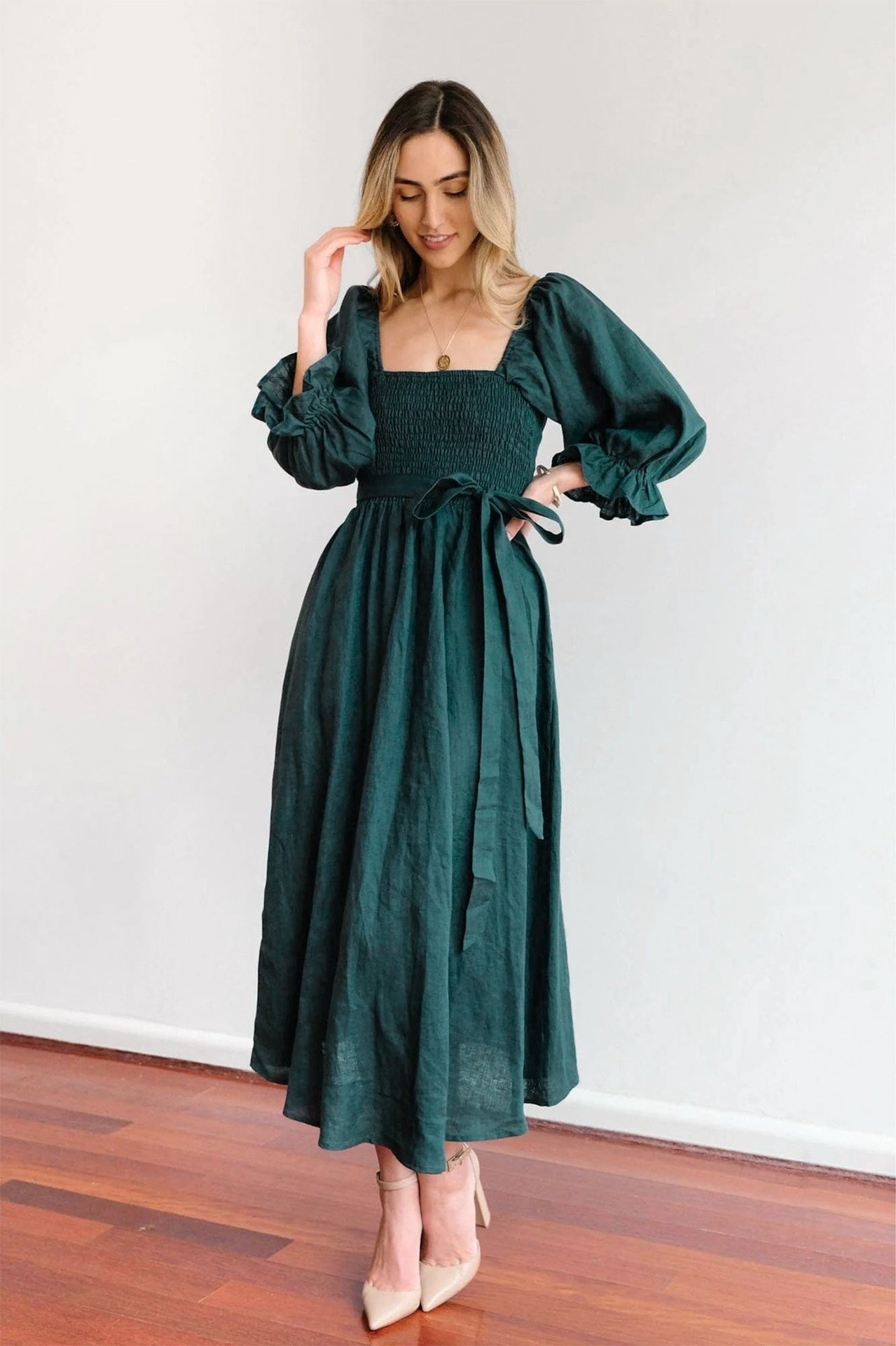Women's Tie Cord Waist Belt Ruffle Dress