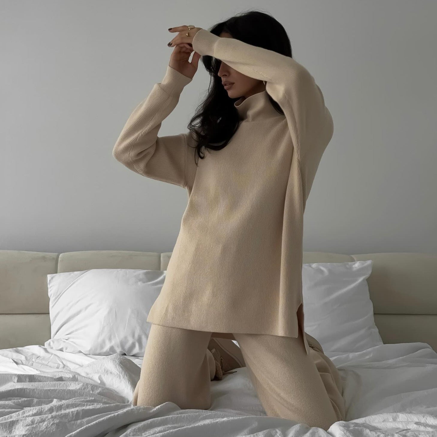 Temperament Leisure Turtleneck Knitting Long-sleeve Suit