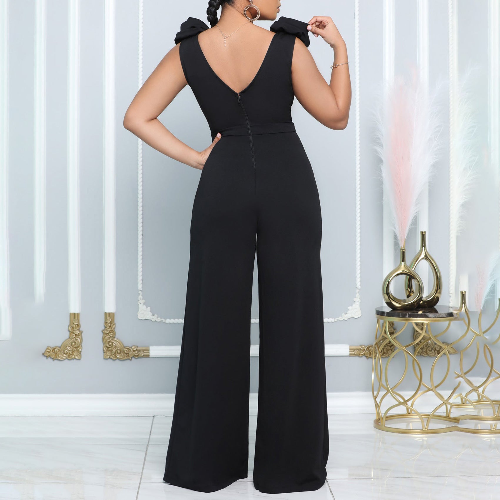 V-neck Turtleneck Sleeveless Fitted Waist Jumpsuit