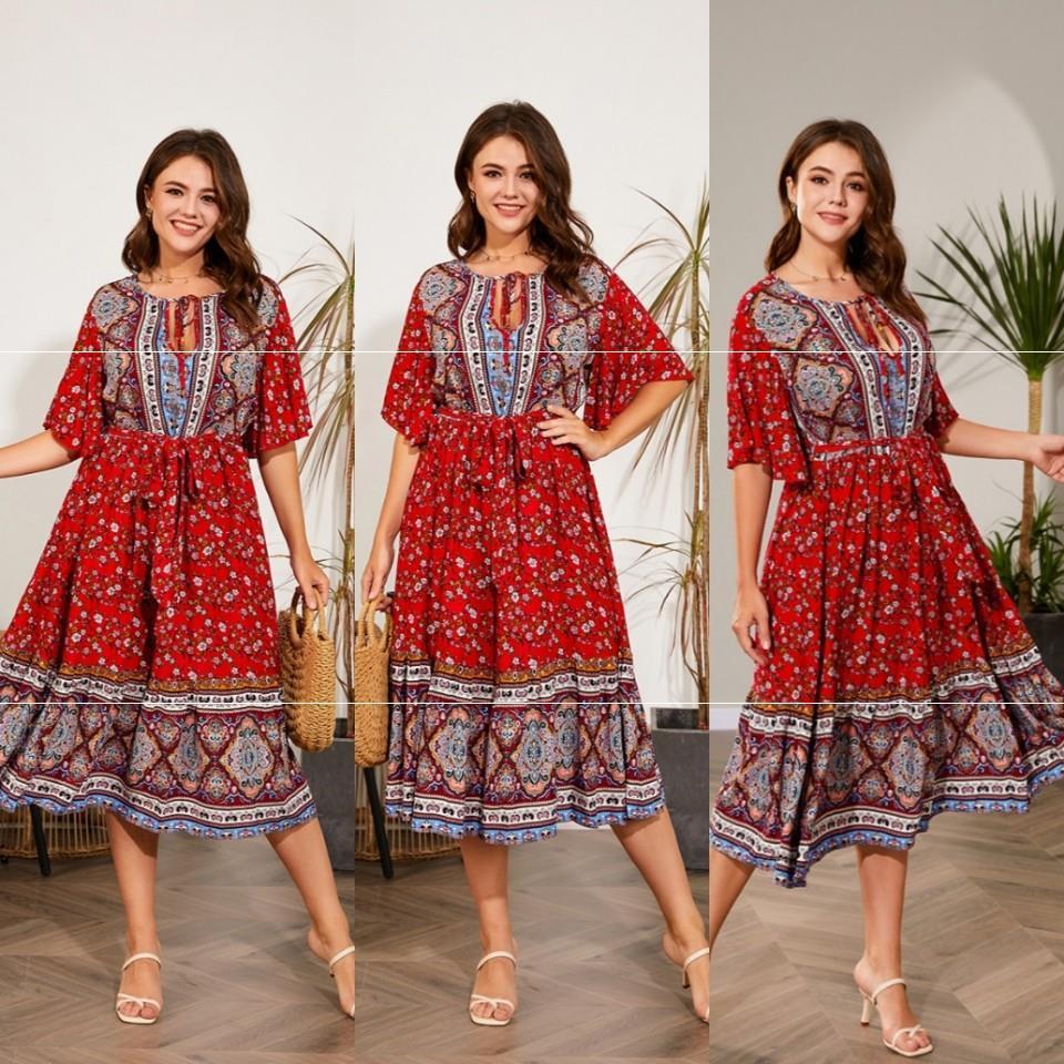 V Neck Print Beach Dress