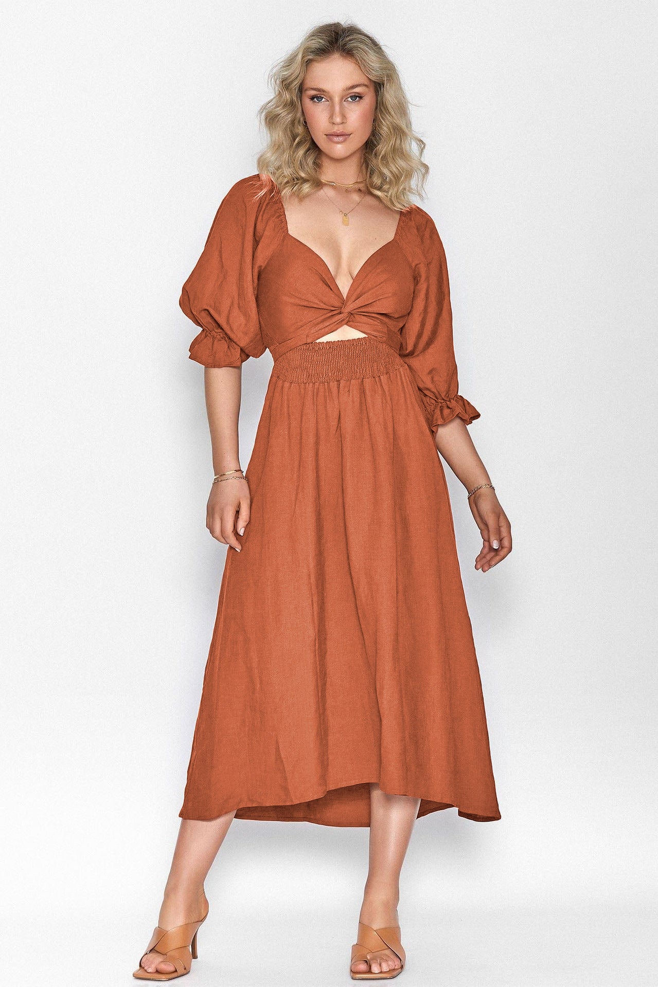 Women's Tie Cord Waist Belt Ruffle Dress