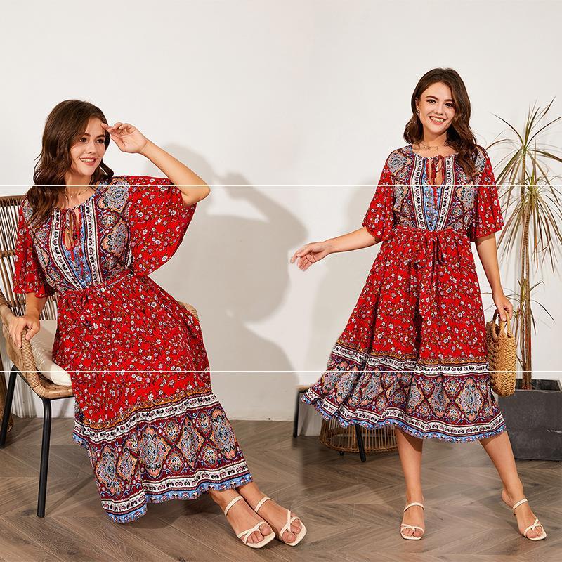 V Neck Print Beach Dress