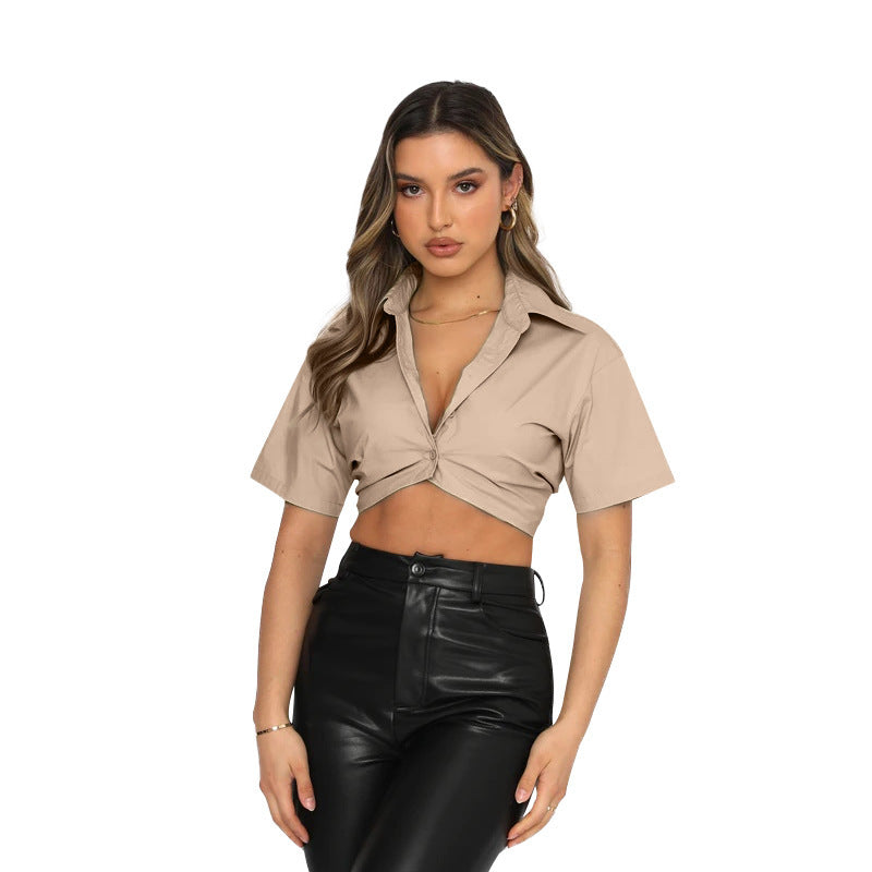 Summer Short-sleeved Polyester Cotton Single-breasted Lapel Shirt