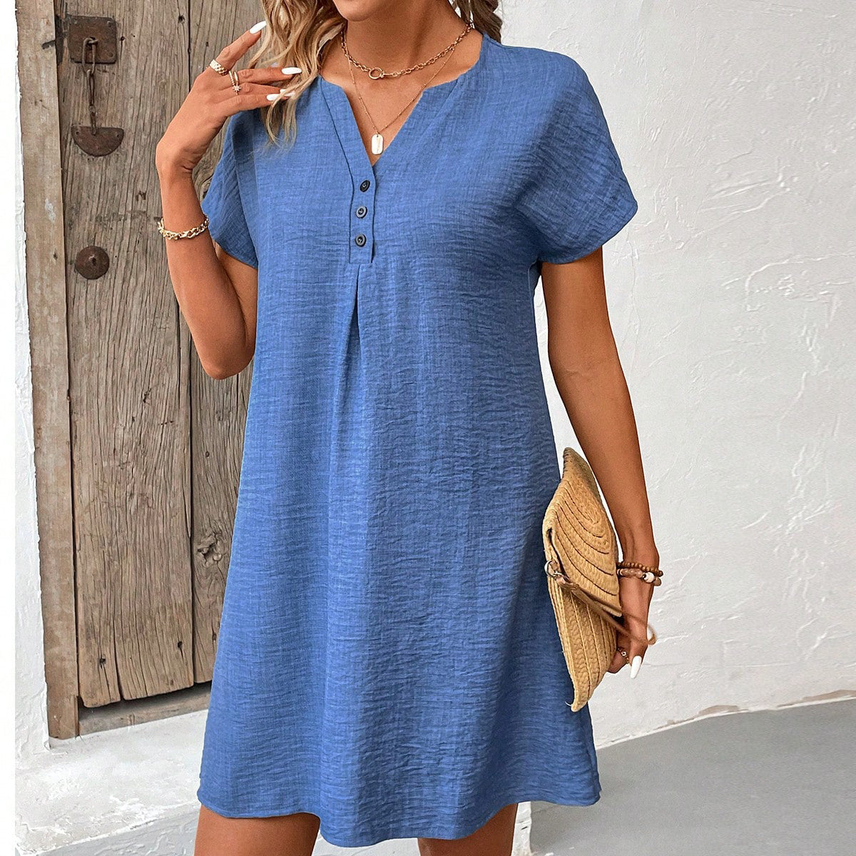 Solid Color Casual V-neck Dress