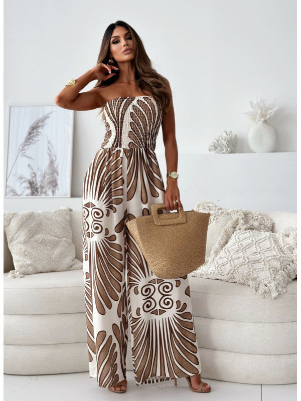 Off-shoulder Tube Top Smocking Waist Jumpsuit