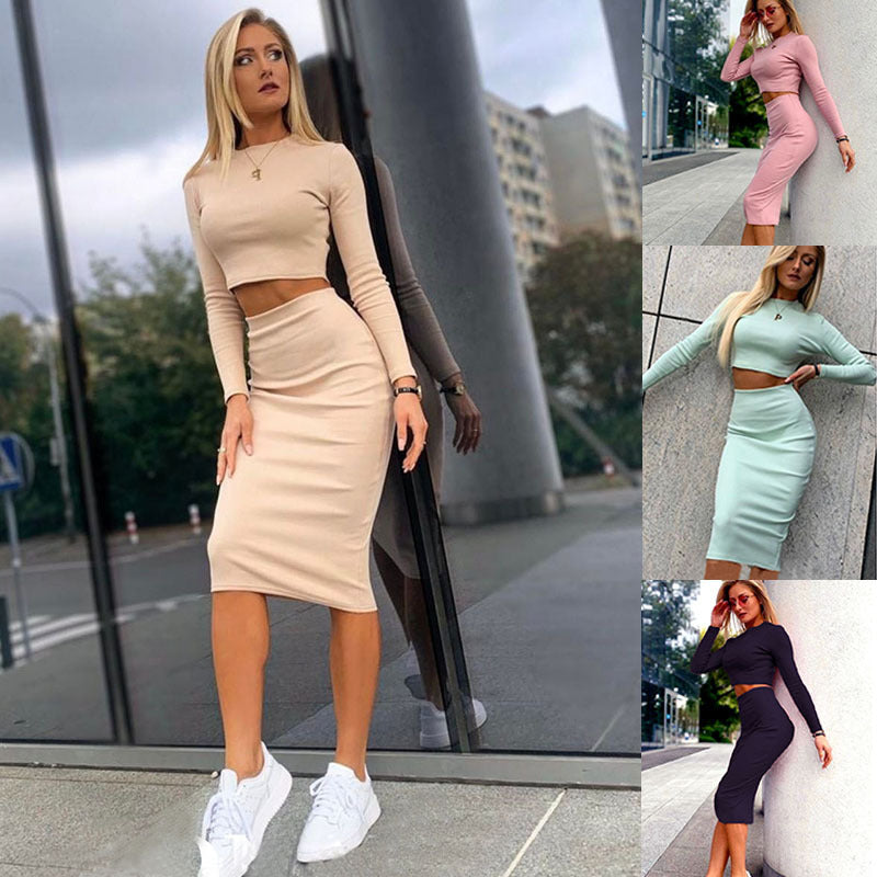 Fashionable Solid Color Top And Hip Skirt Two-piece Set