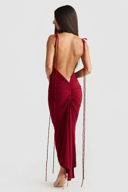 U-neck Shoulder Strap Backless Pleated Sheath Long Dress