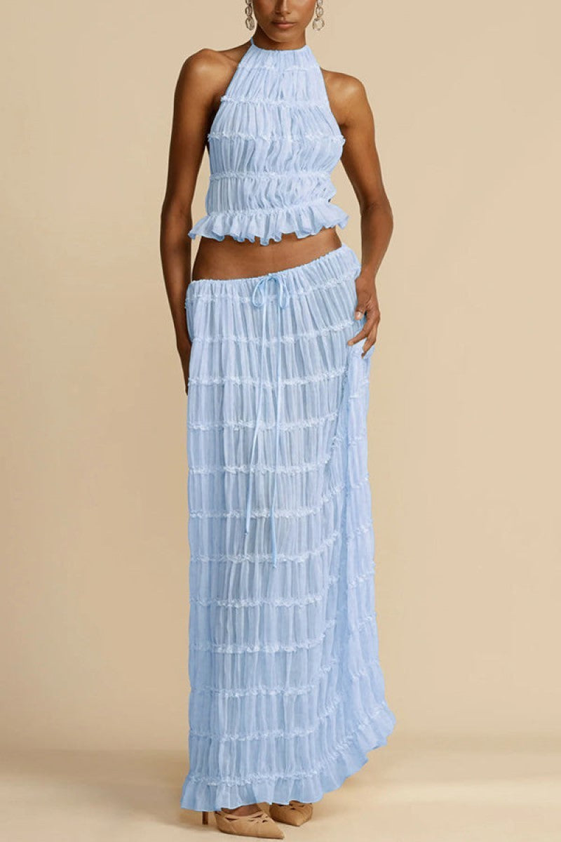 Backless Hanging Neck Strap Pleated Lace Vest Long Skirt Set