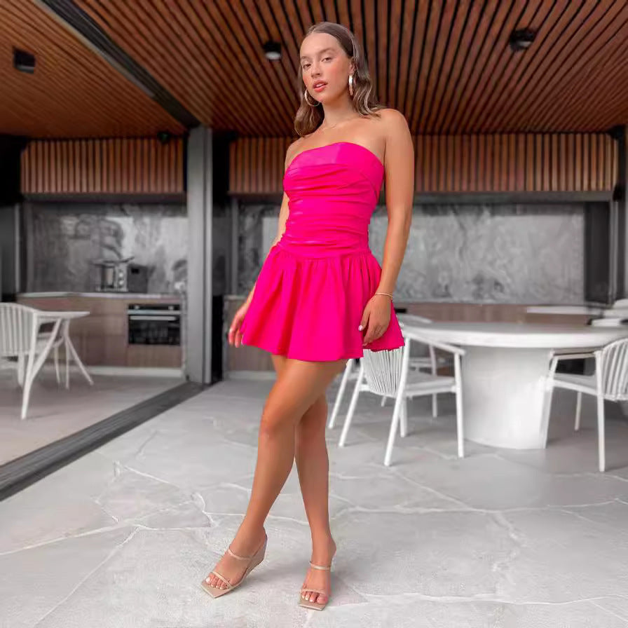 Tube Top Backless Pleated Solid Color Dress