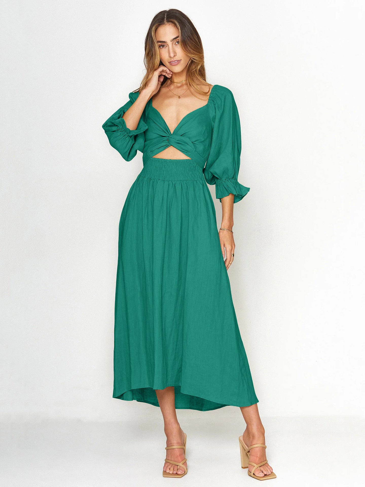 Women's Tie Cord Waist Belt Ruffle Dress
