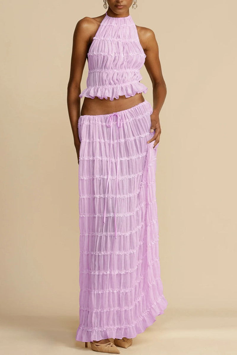 Backless Hanging Neck Strap Pleated Lace Vest Long Skirt Set