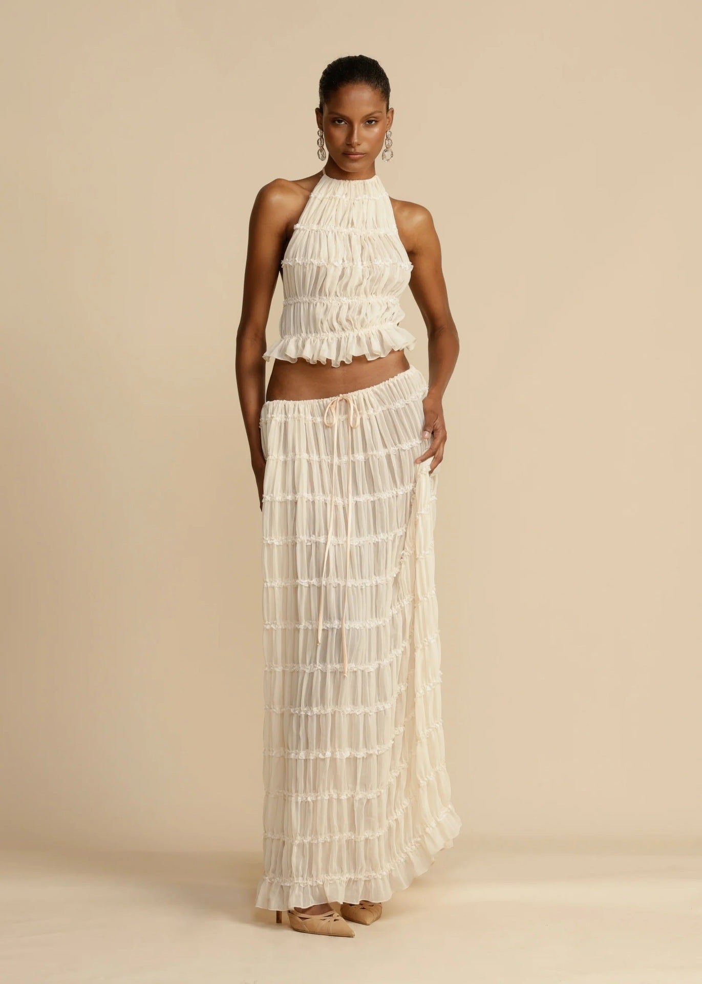 Backless Hanging Neck Strap Pleated Lace Vest Long Skirt Set