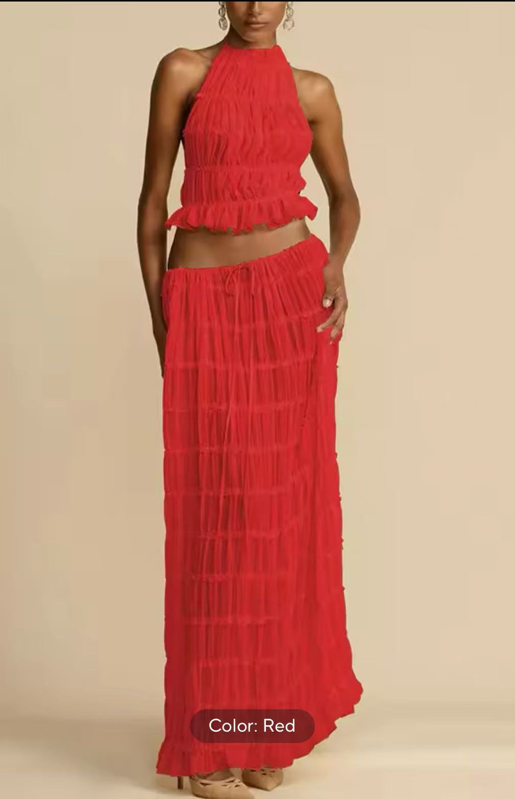 Backless Hanging Neck Strap Pleated Lace Vest Long Skirt Set