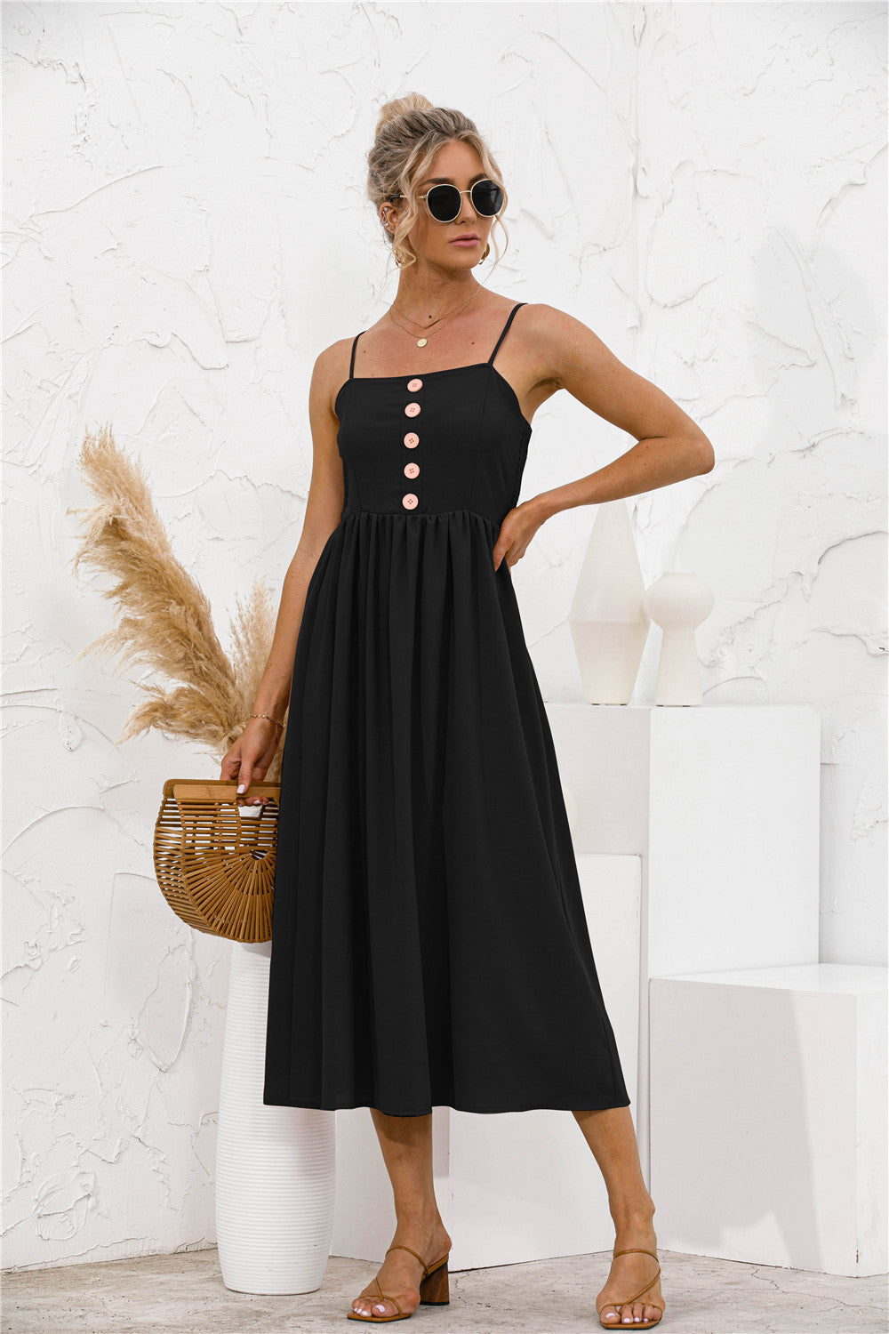 Simple Sling Button Solid Color Dress