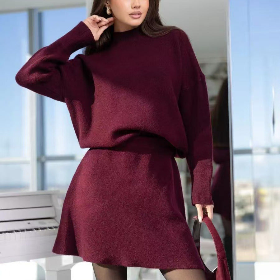 Mock Neck Sweater Autumn Knitting Top Skirt Two Pieces