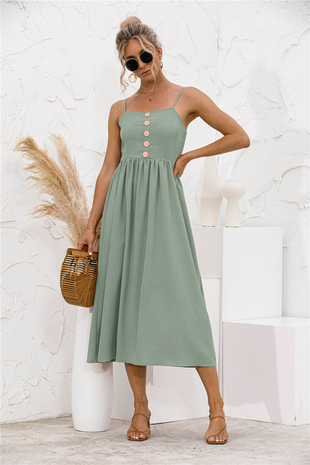 Simple Sling Button Solid Color Dress