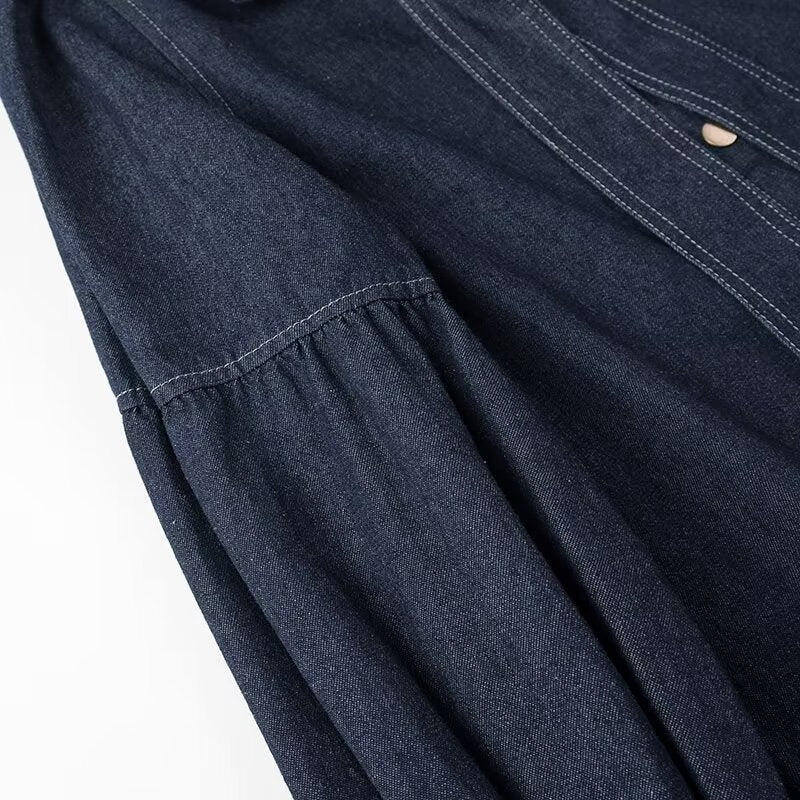 Dark Blue Casual Lace-up Bow Denim Shirt