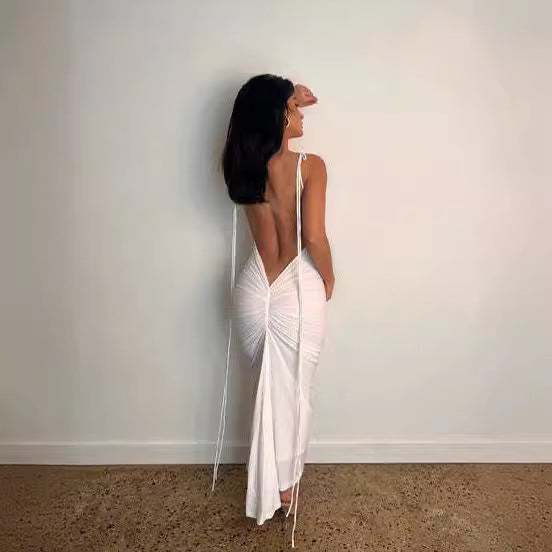 U-neck Shoulder Strap Backless Pleated Sheath Long Dress