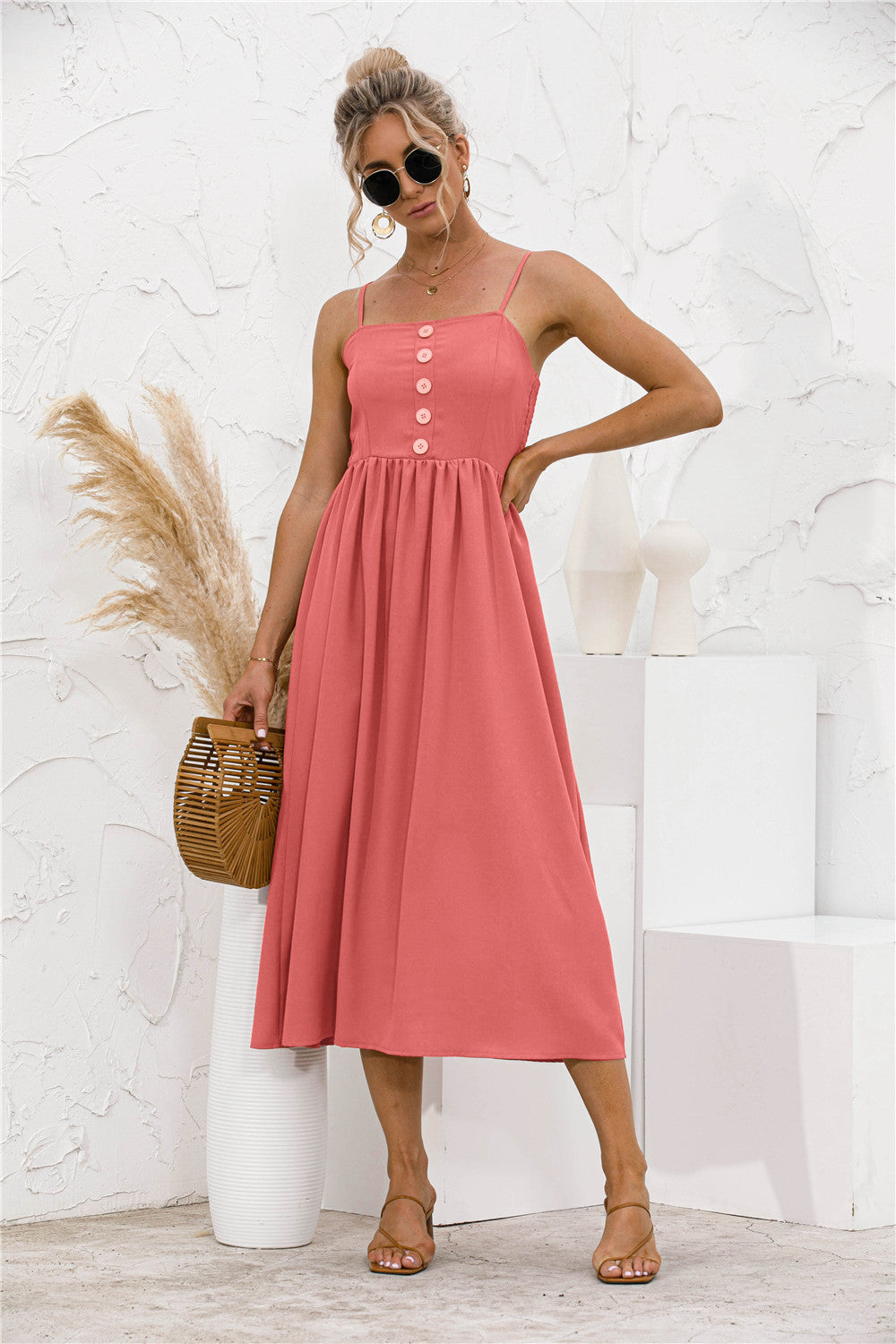 Simple Sling Button Solid Color Dress