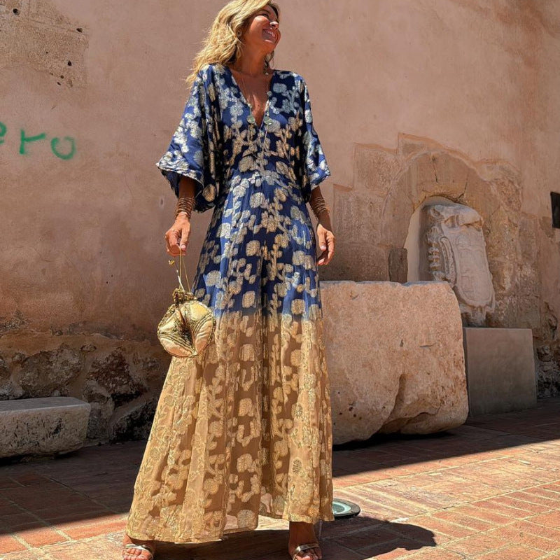 V-neck Backless Waist Trimming Wide Leg Jumpsuit