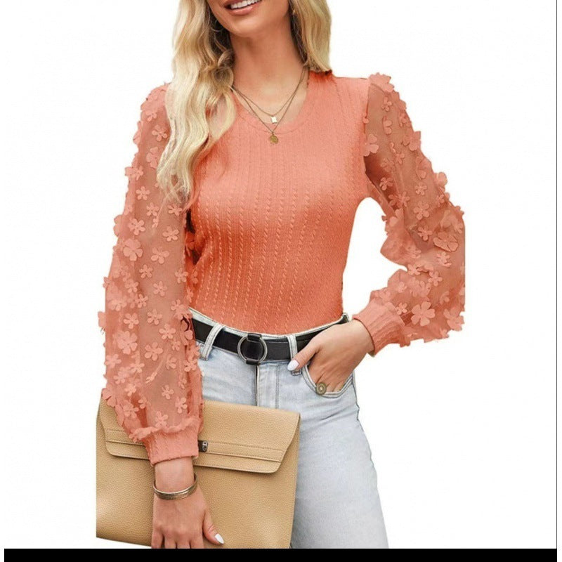 Women's Mesh Small Flower Round Neck Long Sleeve Top