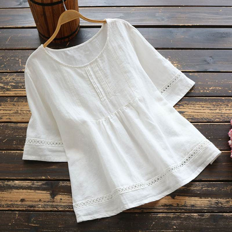 Summer Solid Color Cotton And Linen Top Half Sleeve