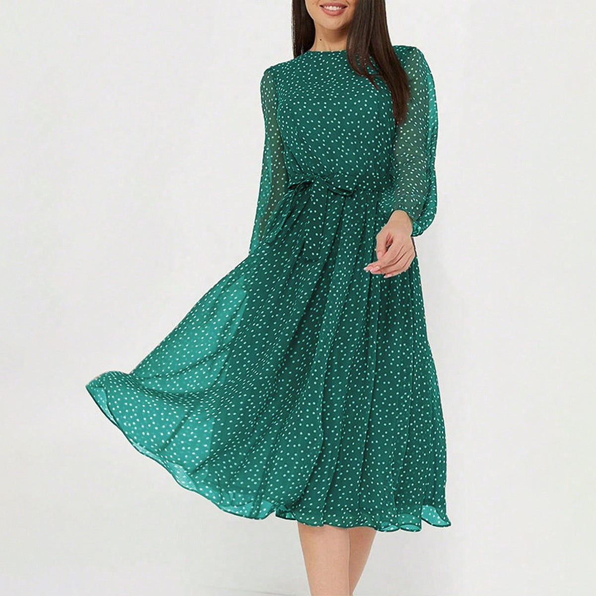 Leisure Vacation Style Polka Dot Long Sleeve Midi Dress