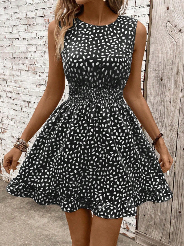 Round Neck Sleeveless Waist Trimming Printed Dress