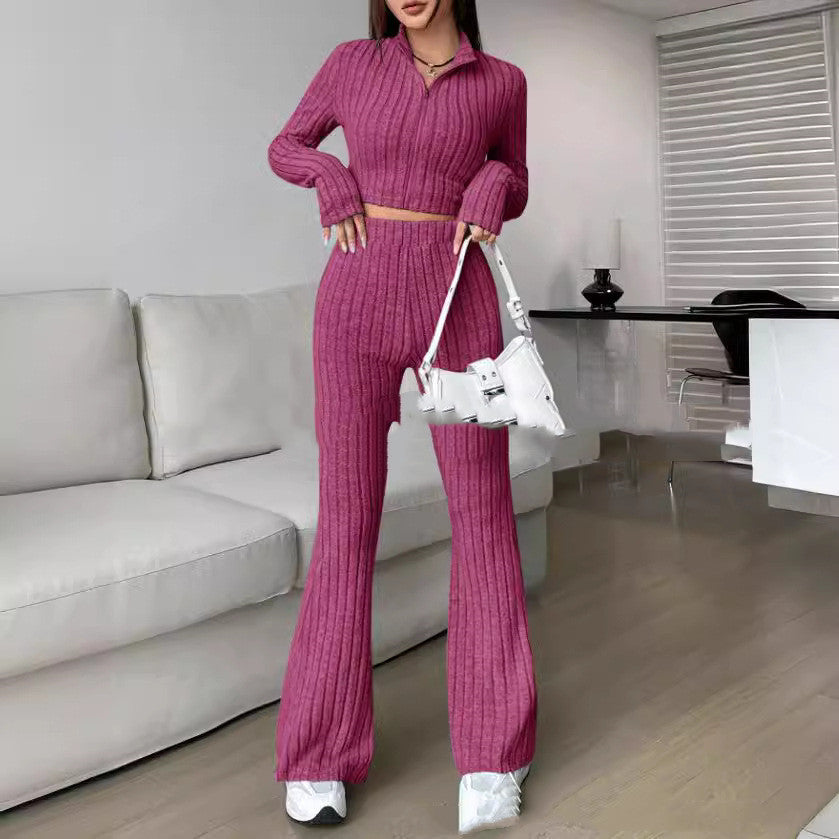 Knitted Long Sleeve Turtlenecks Wide Leg High Waist Trousers Suit