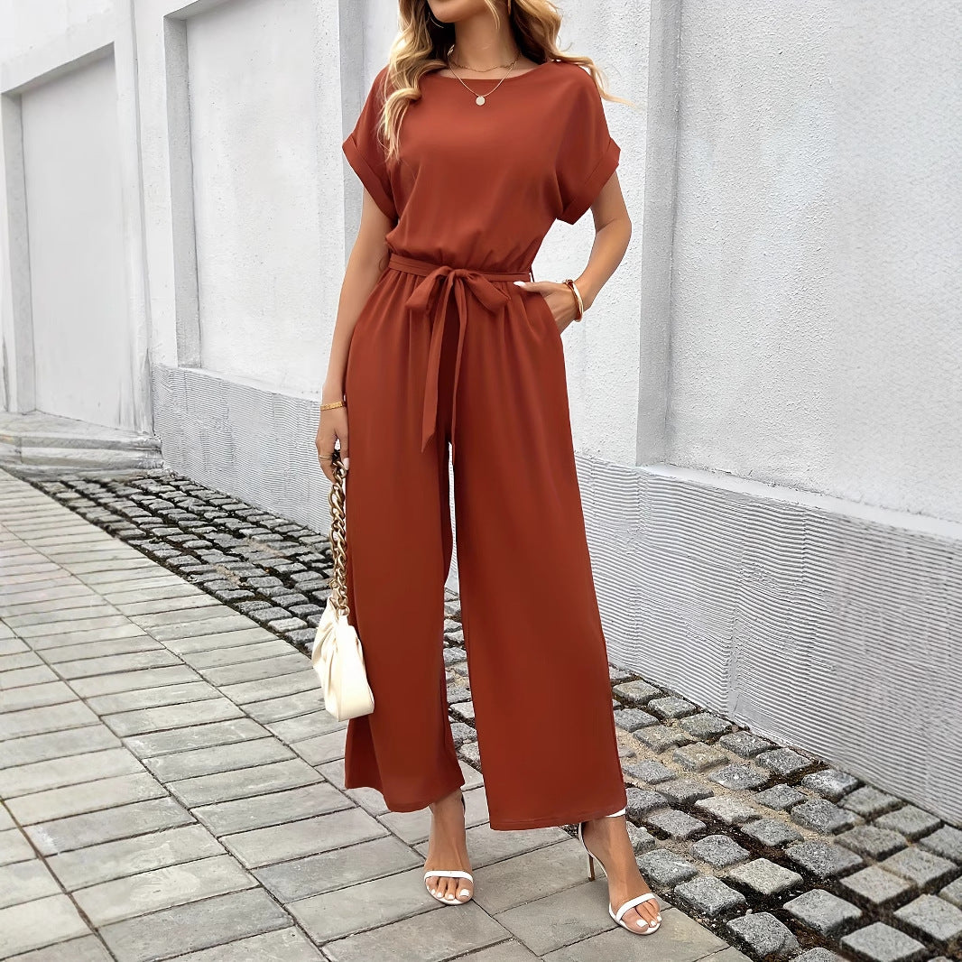 Women Fashion Solid Color With Belt Round Neck Jumpsuit
