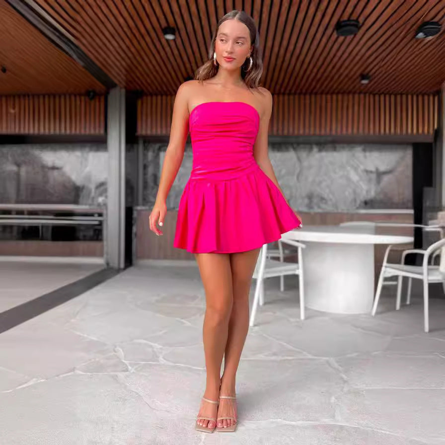 Tube Top Backless Pleated Solid Color Dress