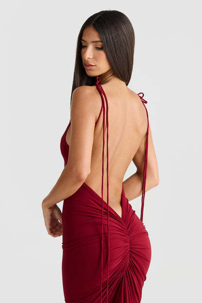 U-neck Shoulder Strap Backless Pleated Sheath Long Dress