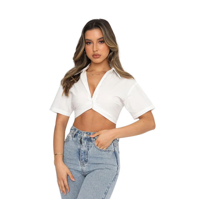 Summer Short-sleeved Polyester Cotton Single-breasted Lapel Shirt